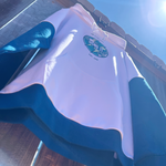 White and blue shirt with a logo on a wooden surface